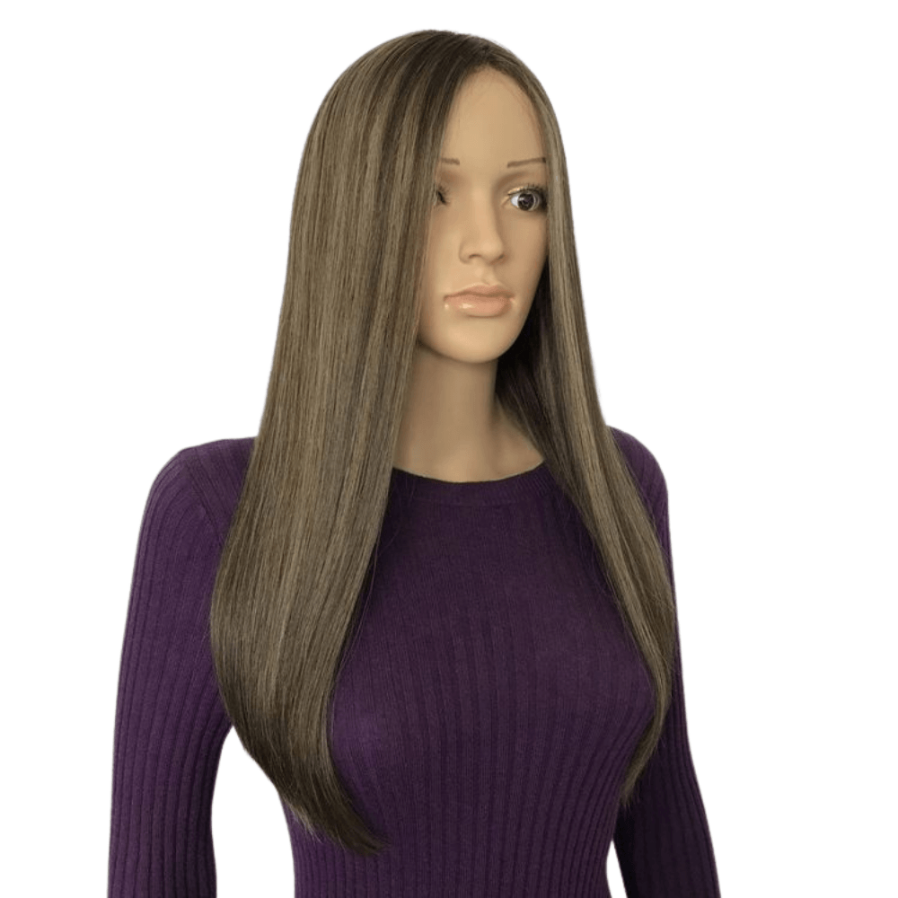 Ash Black Sandbox Blonde Highlights | Glueless Silk Top Virgin Human Hair Wig